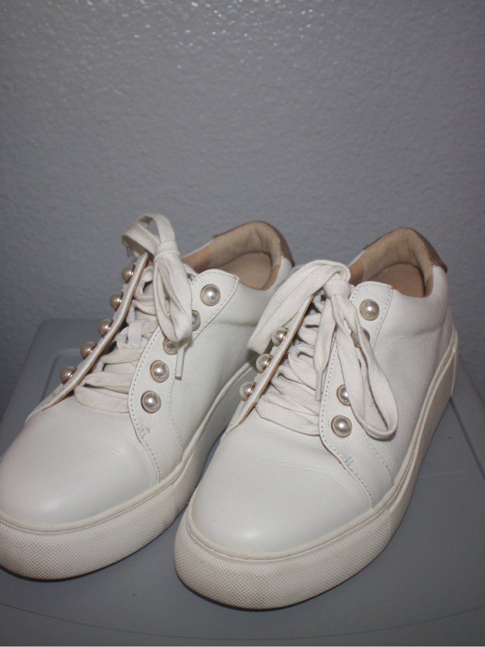 Alex Marie Cream Lace-Up Sneakers with Pearl Accents